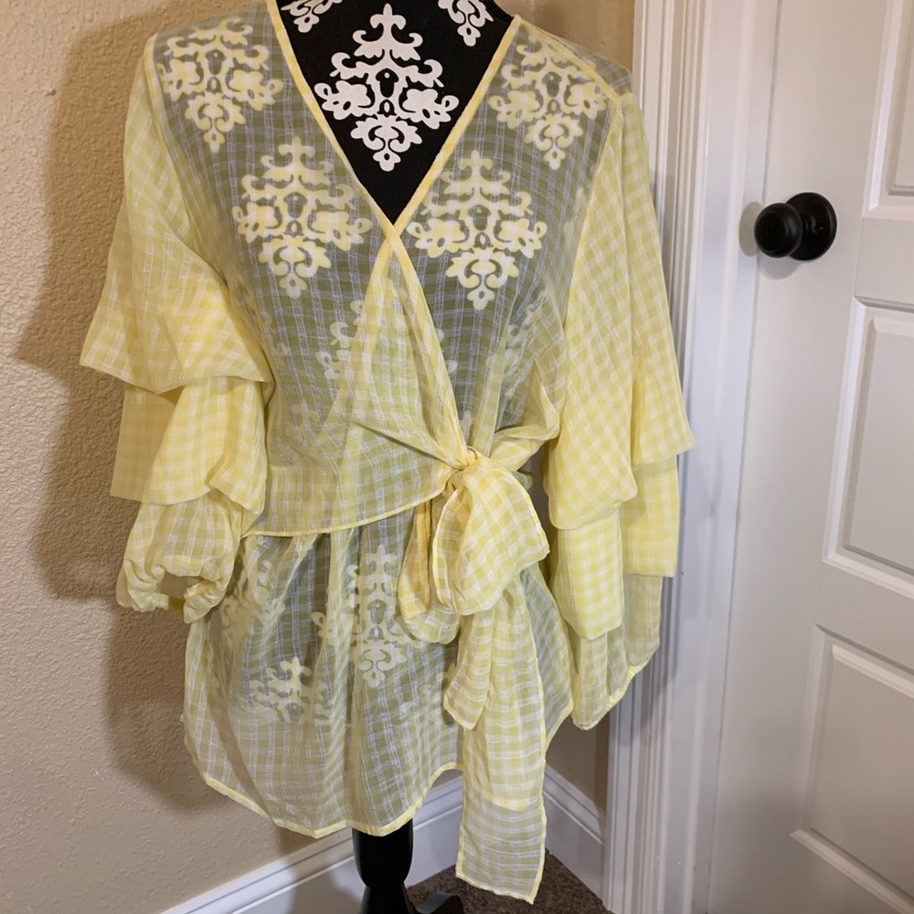 Sheer Wrap Around Yellow and White Blouse
